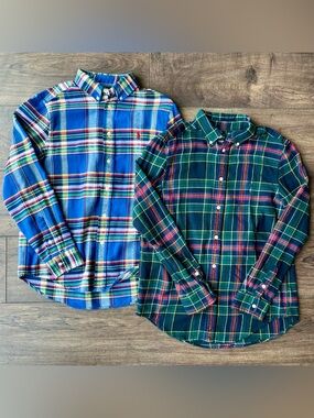 Polo Ralph Lauren Boys Large 14-16 Plaid Button Down Flannel Shirts - Lot of 2